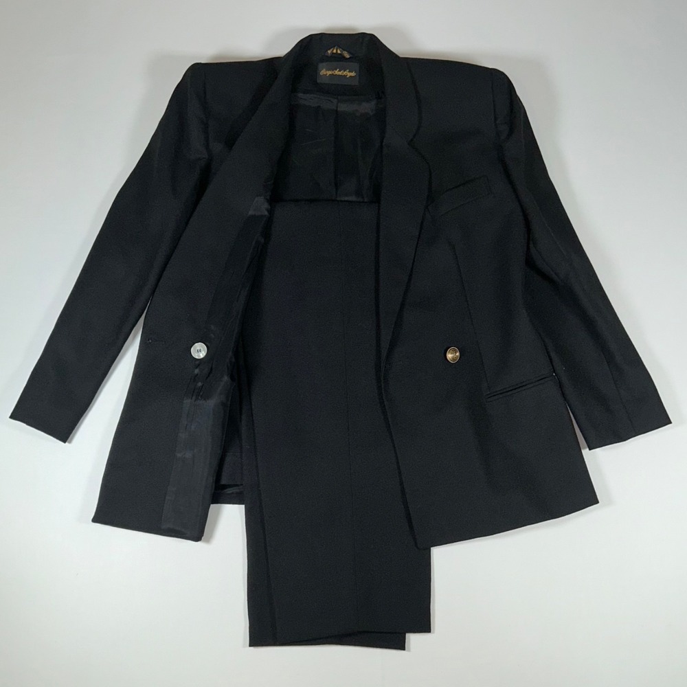 Vintage Giorgio SantAngelo Women 12 Black Wool 2 Piece Pant Suit Gold Button
